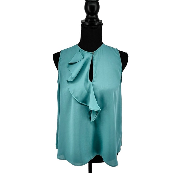 Zara Basic Women Sleeveless Blouse Small Teal Keyhole Silky Ruffle Accent Career - Picture 9 of 12